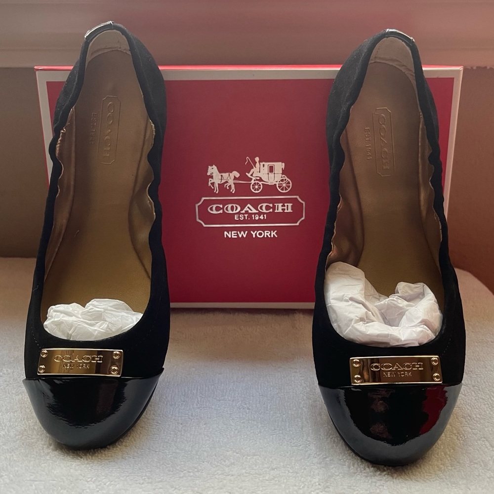 COACH flats. NEW!! Black fabric body, leather cap toe, gold hardware.